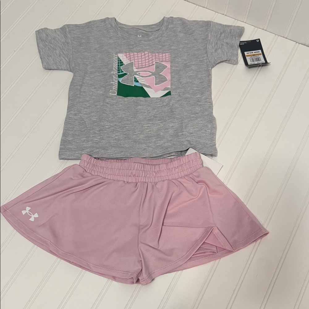 Under Armour Girls Sporty Graphic Tee and Layered Shorts Set Size 3T